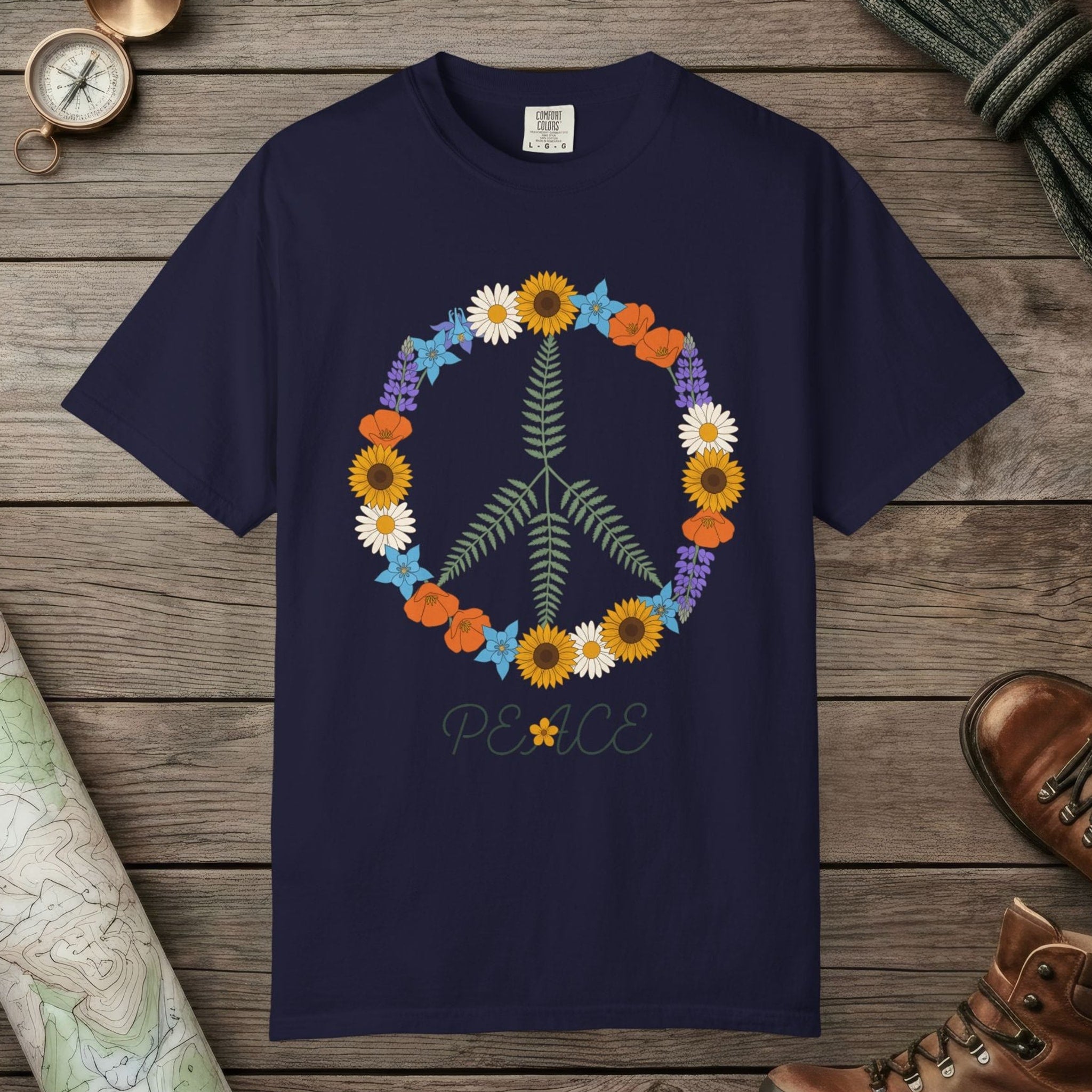 True Navy color unisex graphic t-shirt with "Floral Peace" design