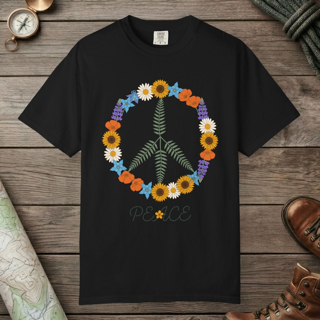 Black color unisex graphic t-shirt with "Floral Peace" design