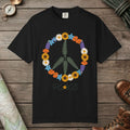 Black color unisex graphic t-shirt with "Floral Peace" design