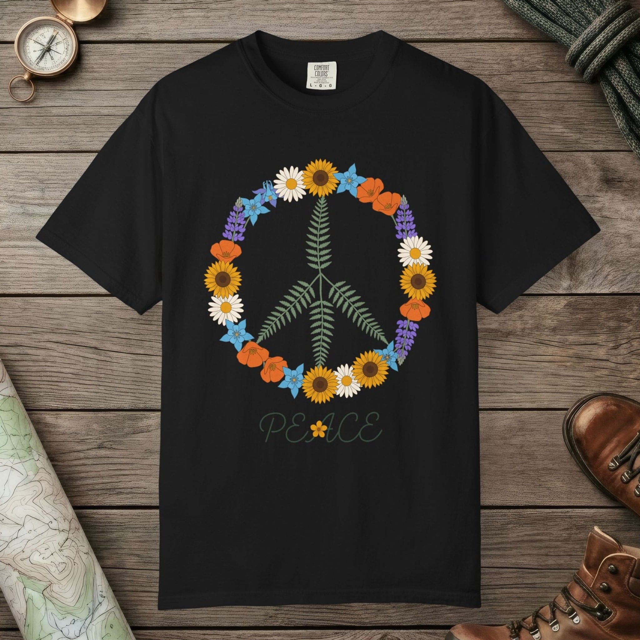 Black color unisex graphic t-shirt with "Floral Peace" design