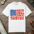 White color unisex graphic t-shirt with "Flowerbed American Flag" design