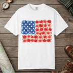White color unisex graphic t-shirt with "Flowerbed American Flag" design