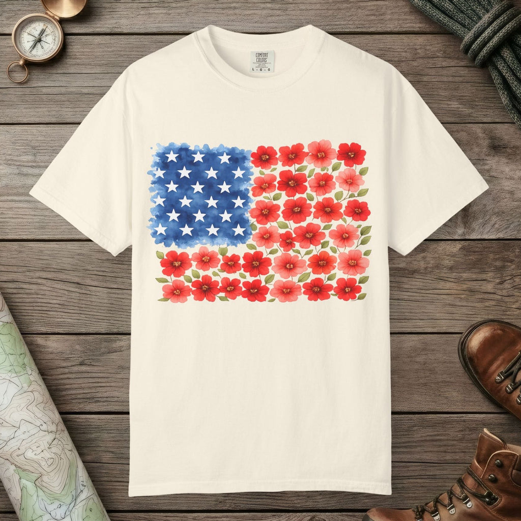Ivory color unisex graphic t-shirt with "Flowerbed American Flag" design