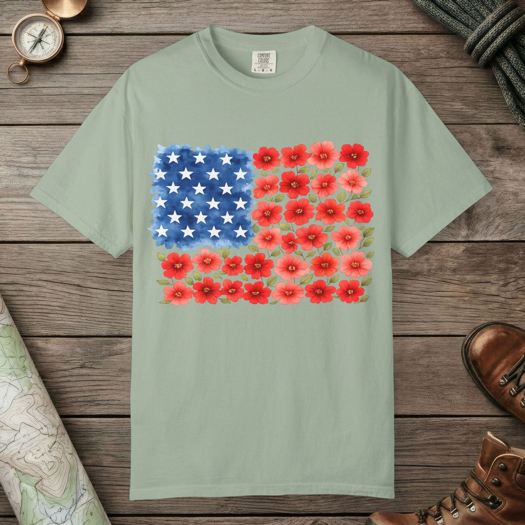 Bay color unisex graphic t-shirt with "Flowerbed American Flag" design