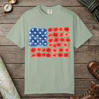 Bay color unisex graphic t-shirt with "Flowerbed American Flag" design