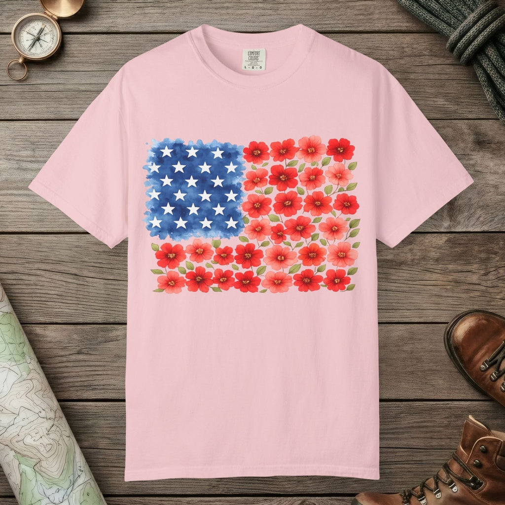 Blossom color unisex graphic t-shirt with "Flowerbed American Flag" design