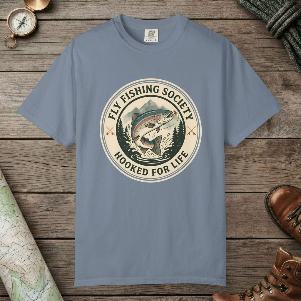 Blue Jean color unisex graphic t-shirt with "Fly Fishing Society" design