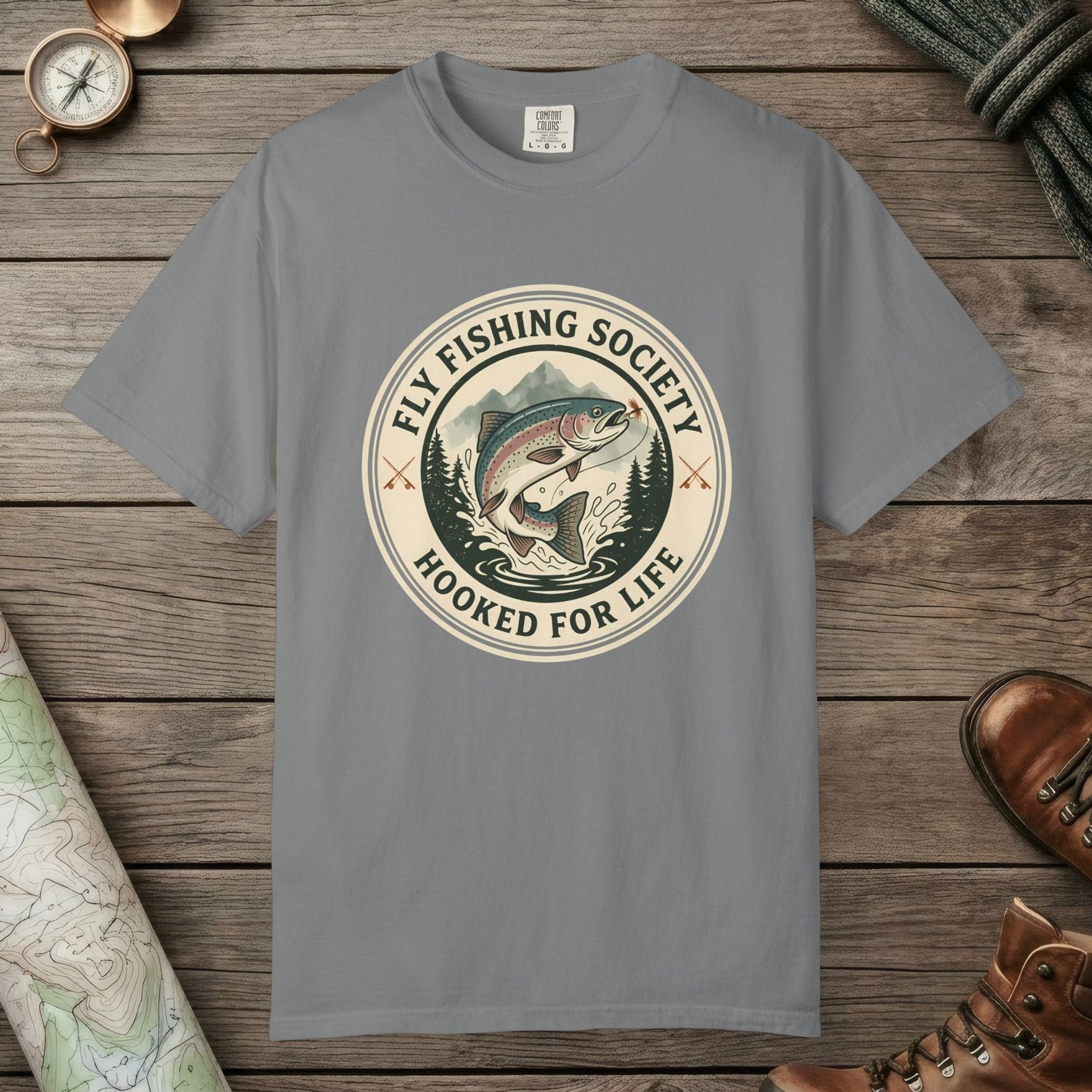 Grey color unisex graphic t-shirt with "Fly Fishing Society" design
