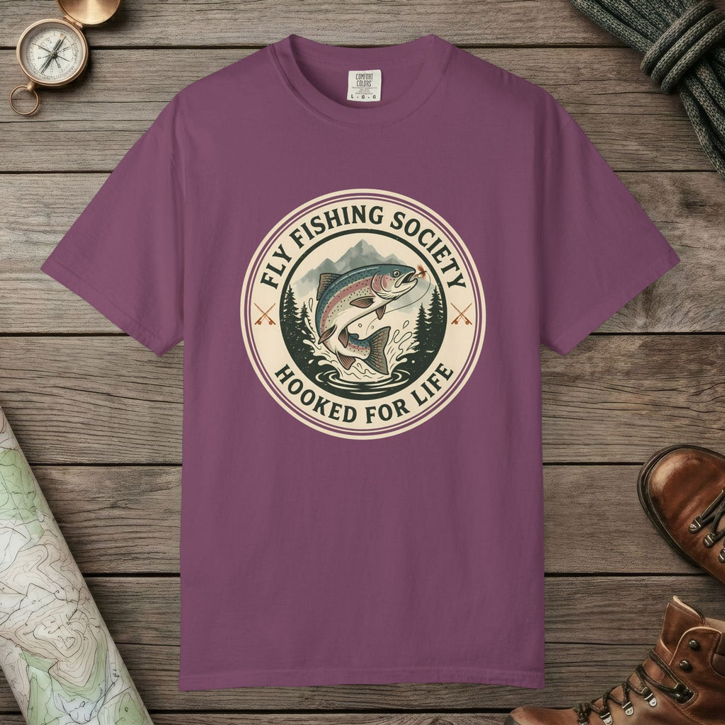 Berry color unisex graphic t-shirt with "Fly Fishing Society" design