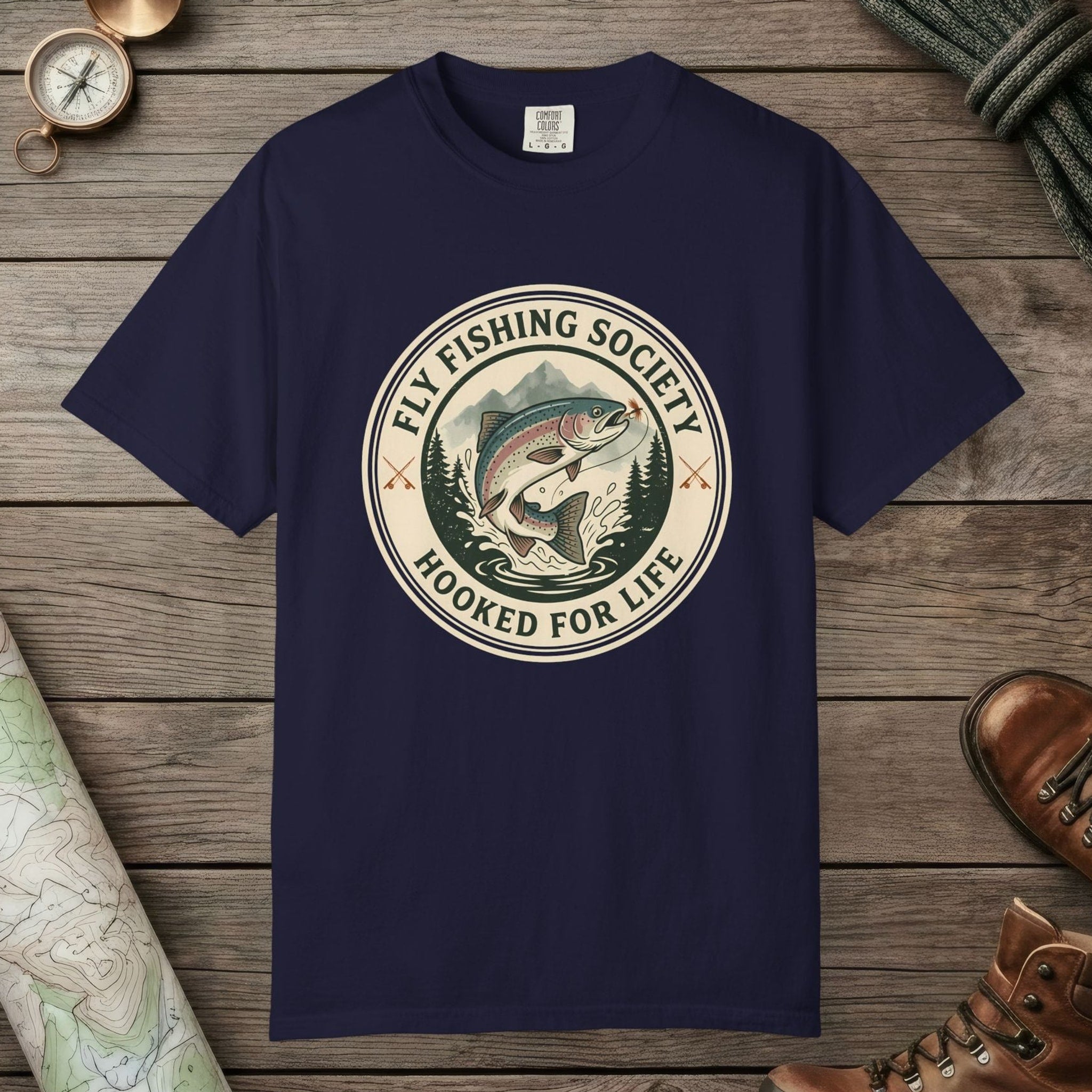 True Navy color unisex graphic t-shirt with "Fly Fishing Society" design