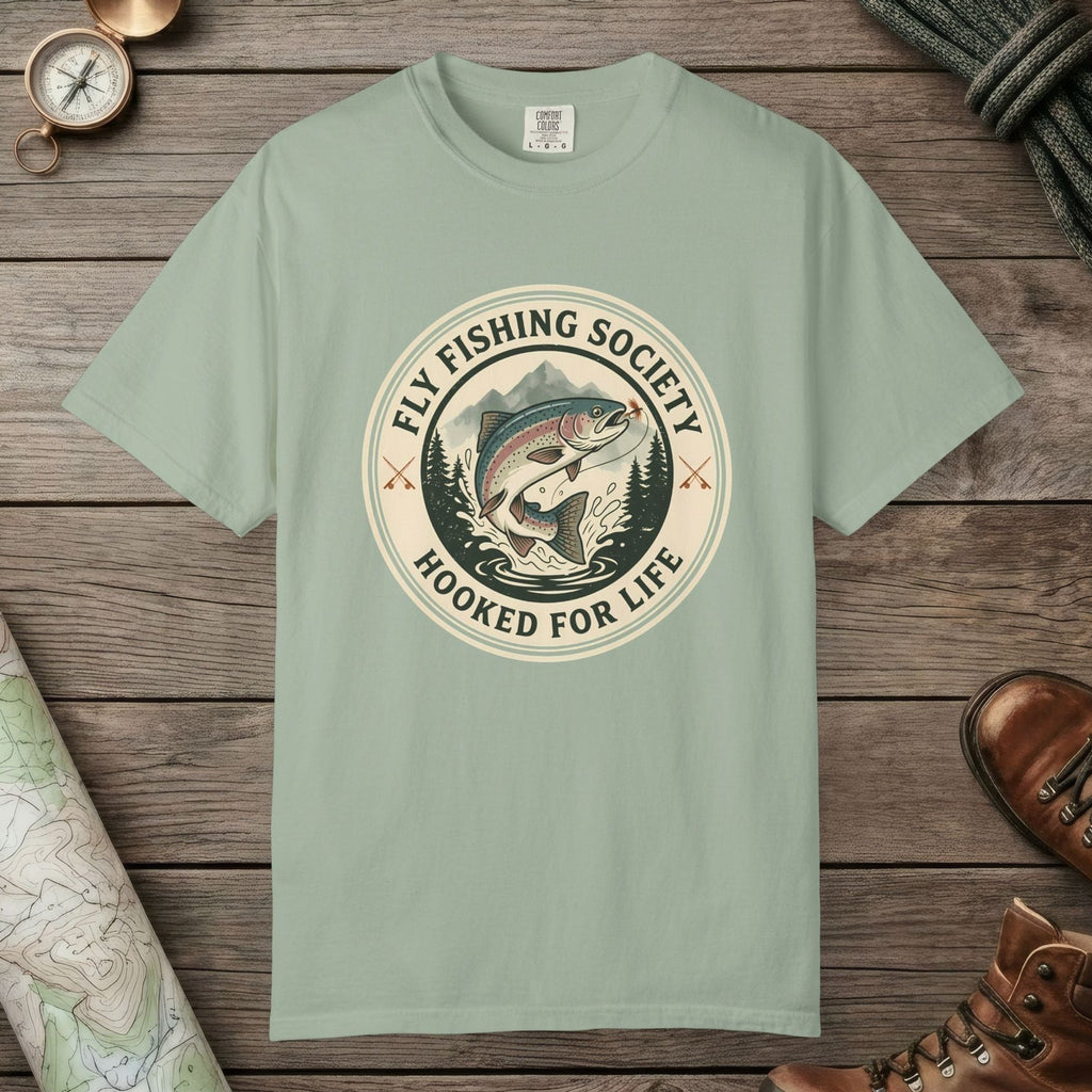 Bay color unisex graphic t-shirt with "Fly Fishing Society" design