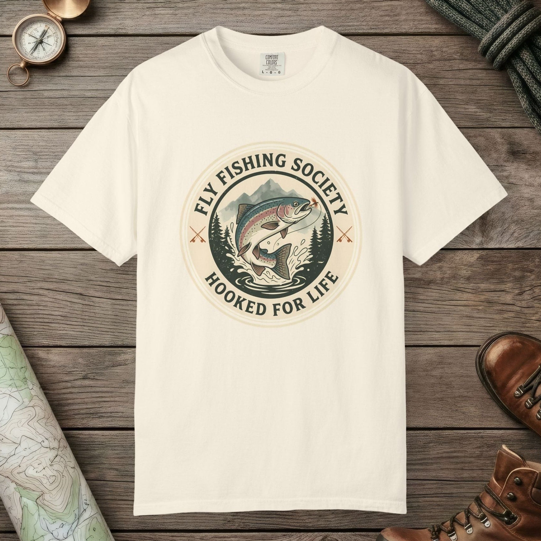 Ivory color unisex graphic t-shirt with "Fly Fishing Society" design