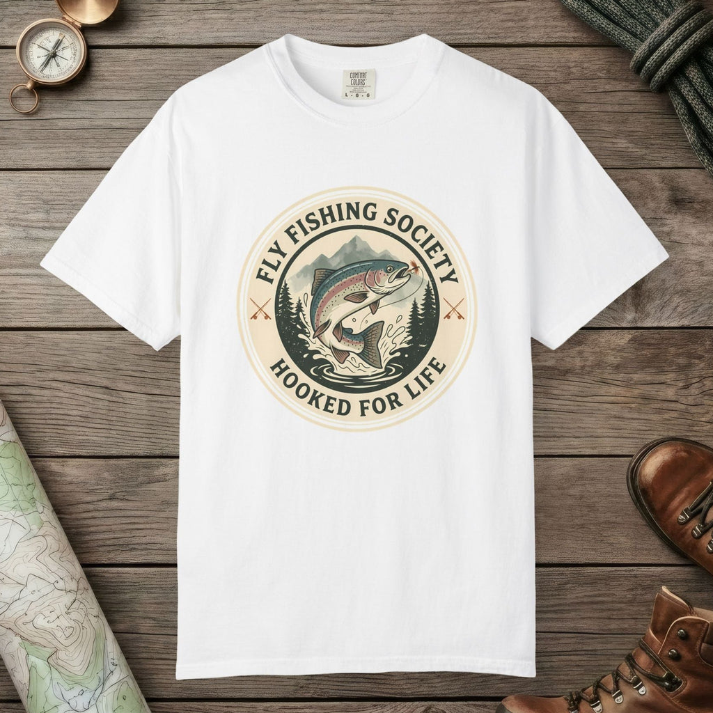 White color unisex graphic t-shirt with "Fly Fishing Society" design