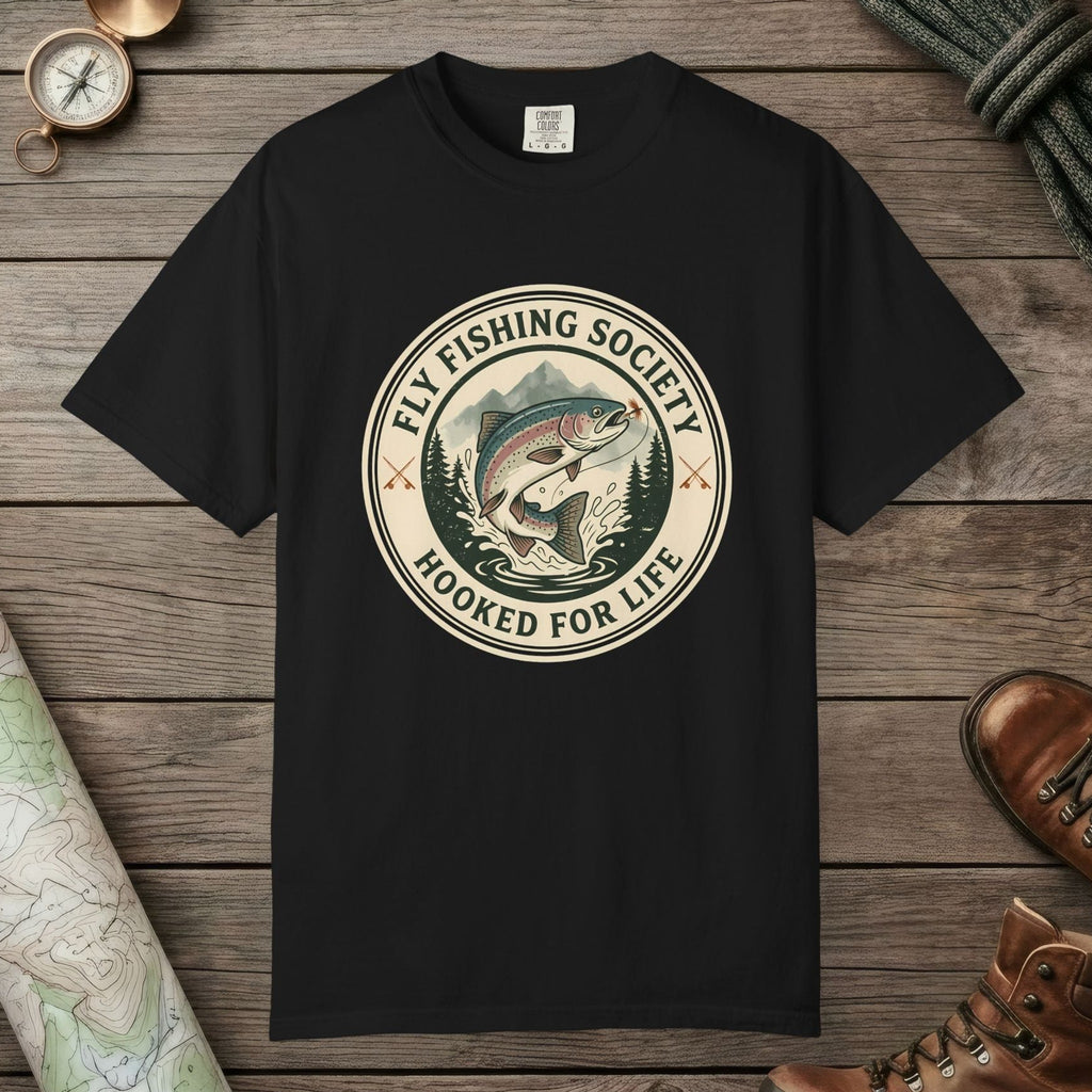 Black color unisex graphic t-shirt with "Fly Fishing Society" design