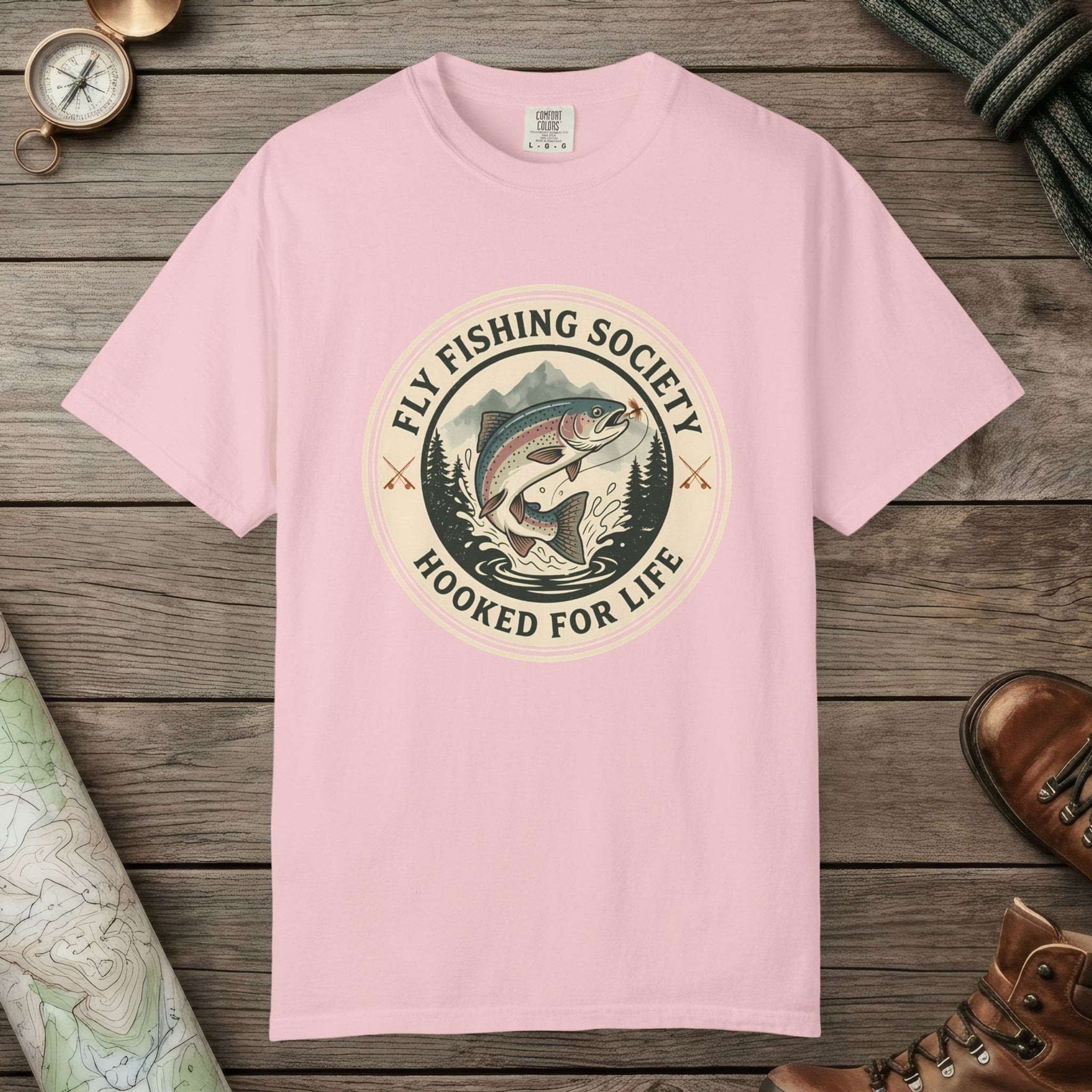 Blossom color unisex graphic t-shirt with "Fly Fishing Society" design