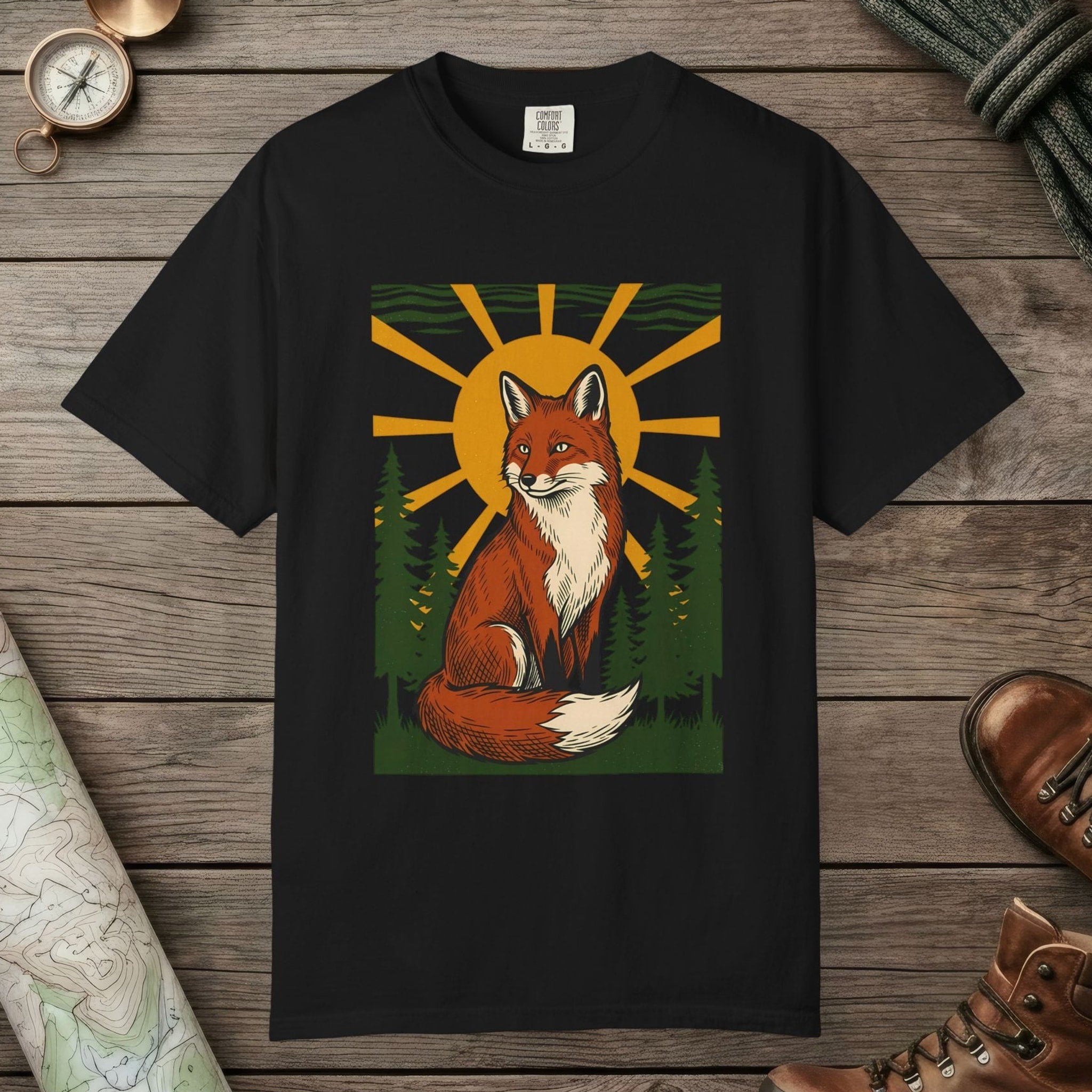 Black color unisex graphic t-shirt with "Fox Spirit" design