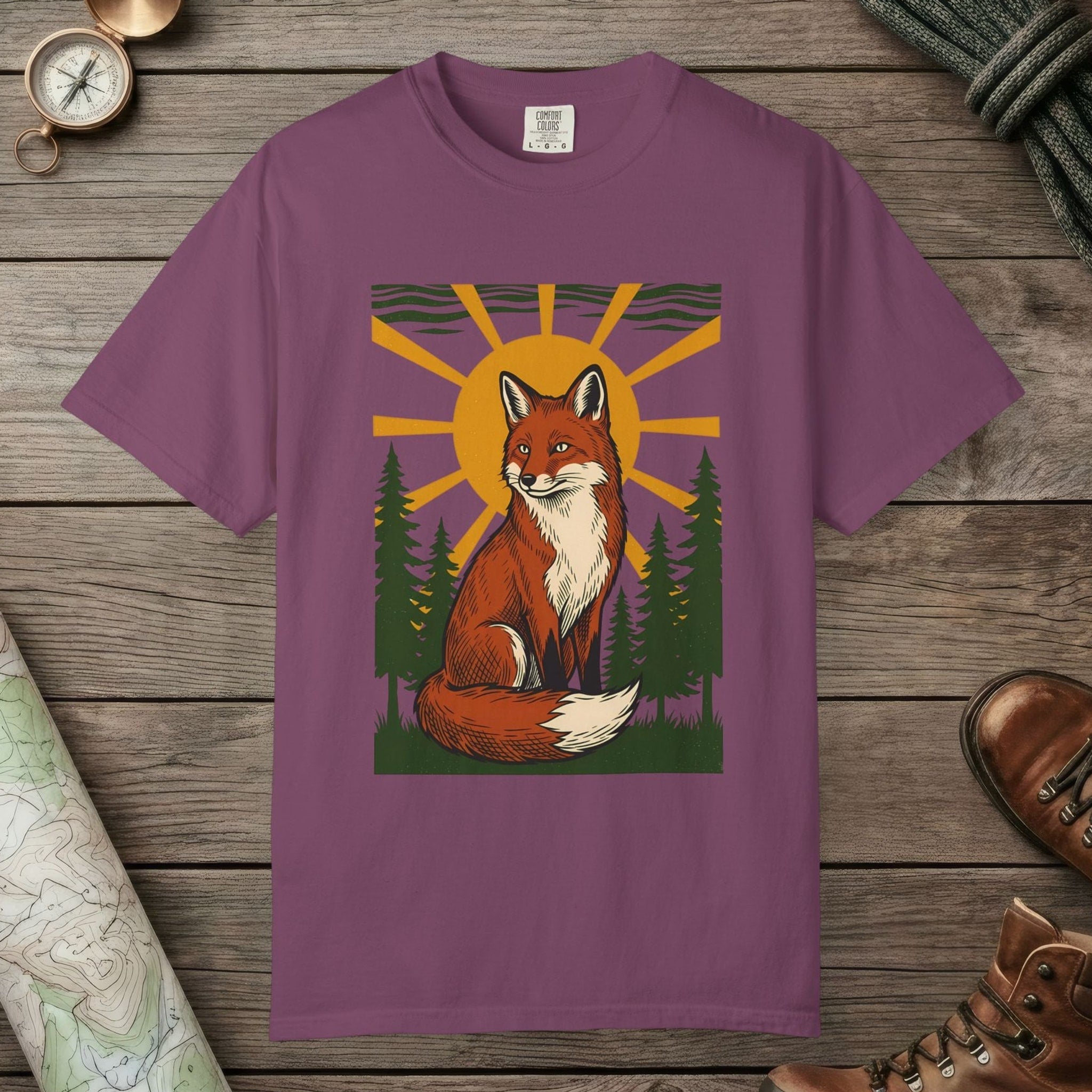 Berry color unisex graphic t-shirt with "Fox Spirit" design