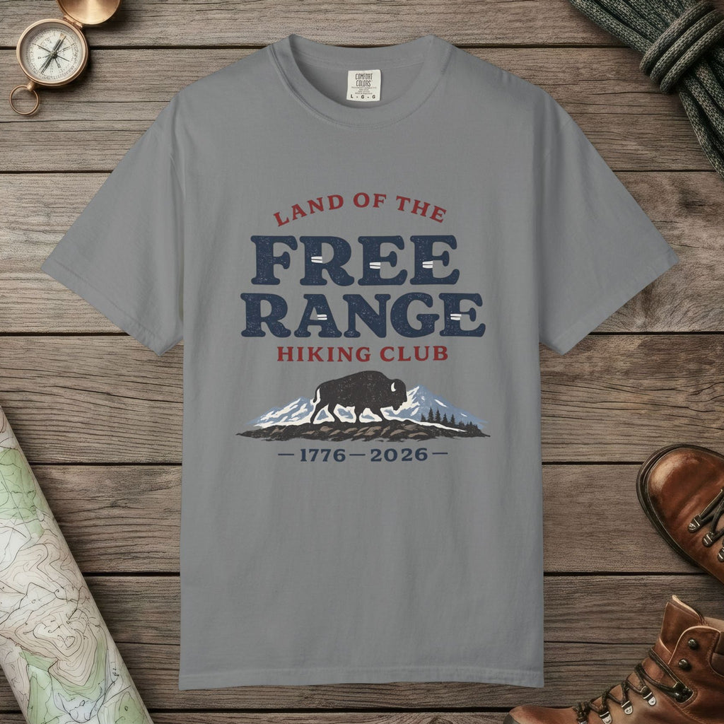 Grey color unisex graphic t-shirt with "Free Range" design