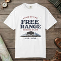 White color unisex graphic t-shirt with "Free Range" design