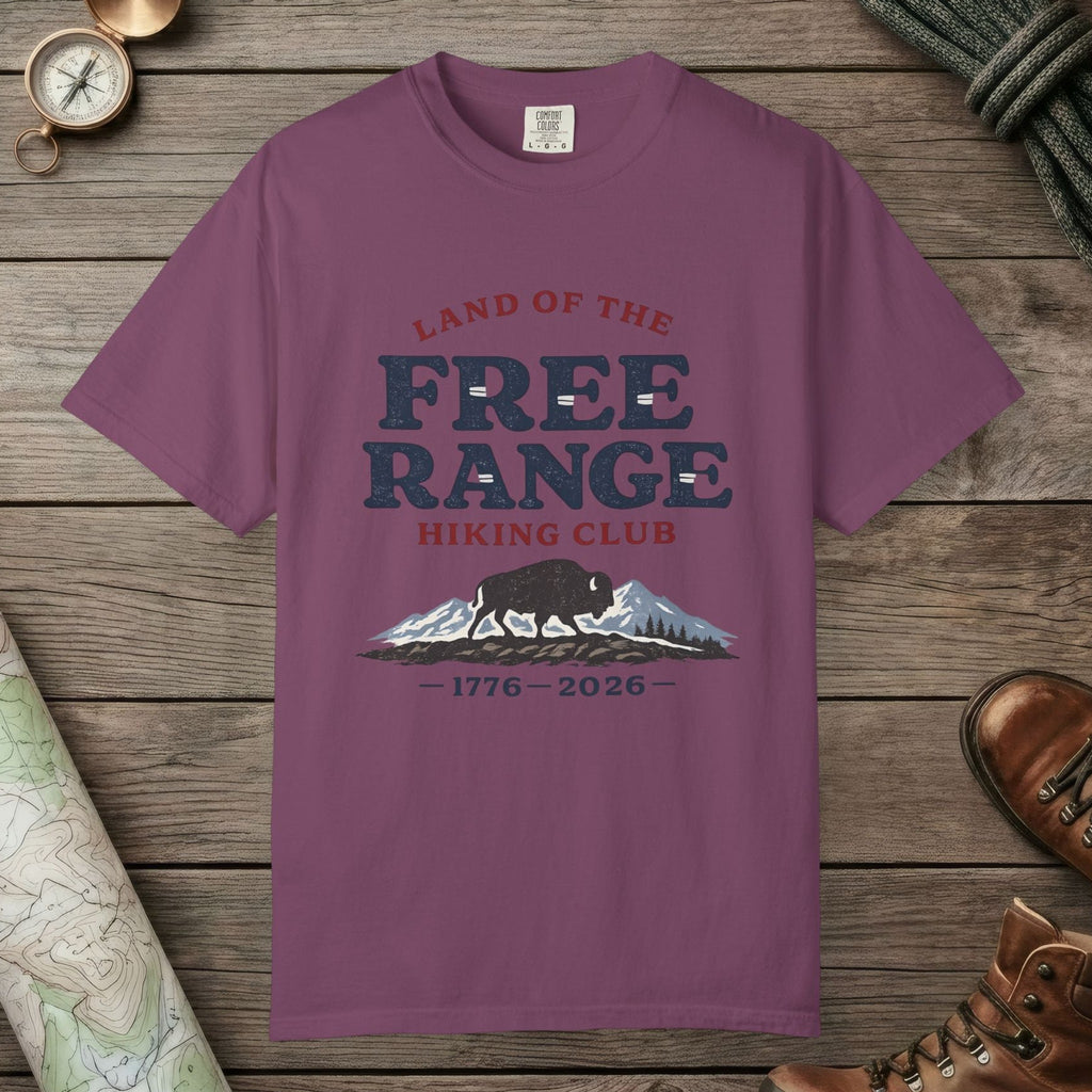 Berry color unisex graphic t-shirt with "Free Range" design