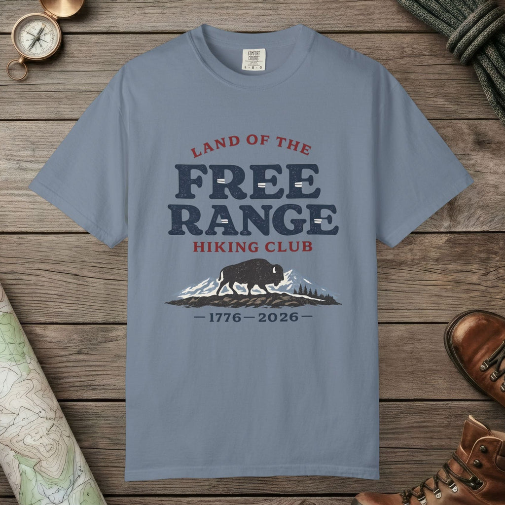 Blue Jean color unisex graphic t-shirt with "Free Range" design