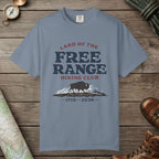 Blue Jean color unisex graphic t-shirt with "Free Range" design