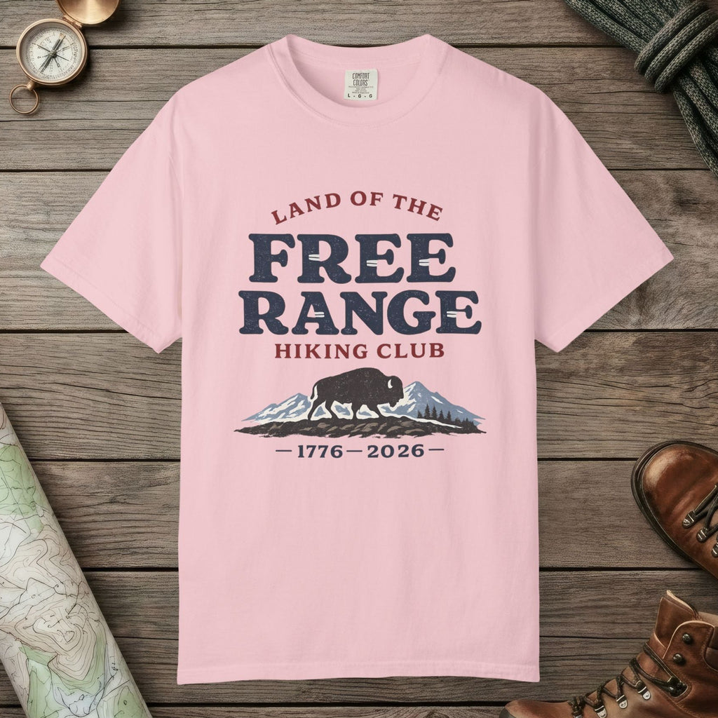 Blossom color unisex graphic t-shirt with "Free Range" design