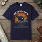 True Navy color unisex graphic t-shirt with "Freedom Awaits" design