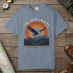 Blue Jean color unisex graphic t-shirt with "Freedom Awaits" design