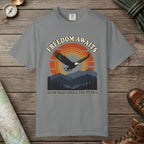 Grey color unisex graphic t-shirt with "Freedom Awaits" design