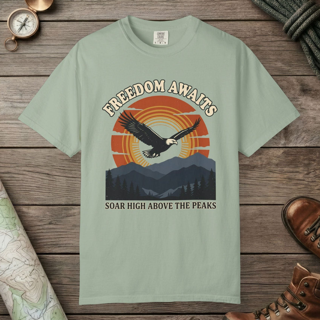 Bay color unisex graphic t-shirt with "Freedom Awaits" design
