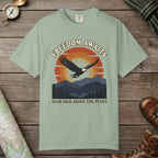 Bay color unisex graphic t-shirt with "Freedom Awaits" design