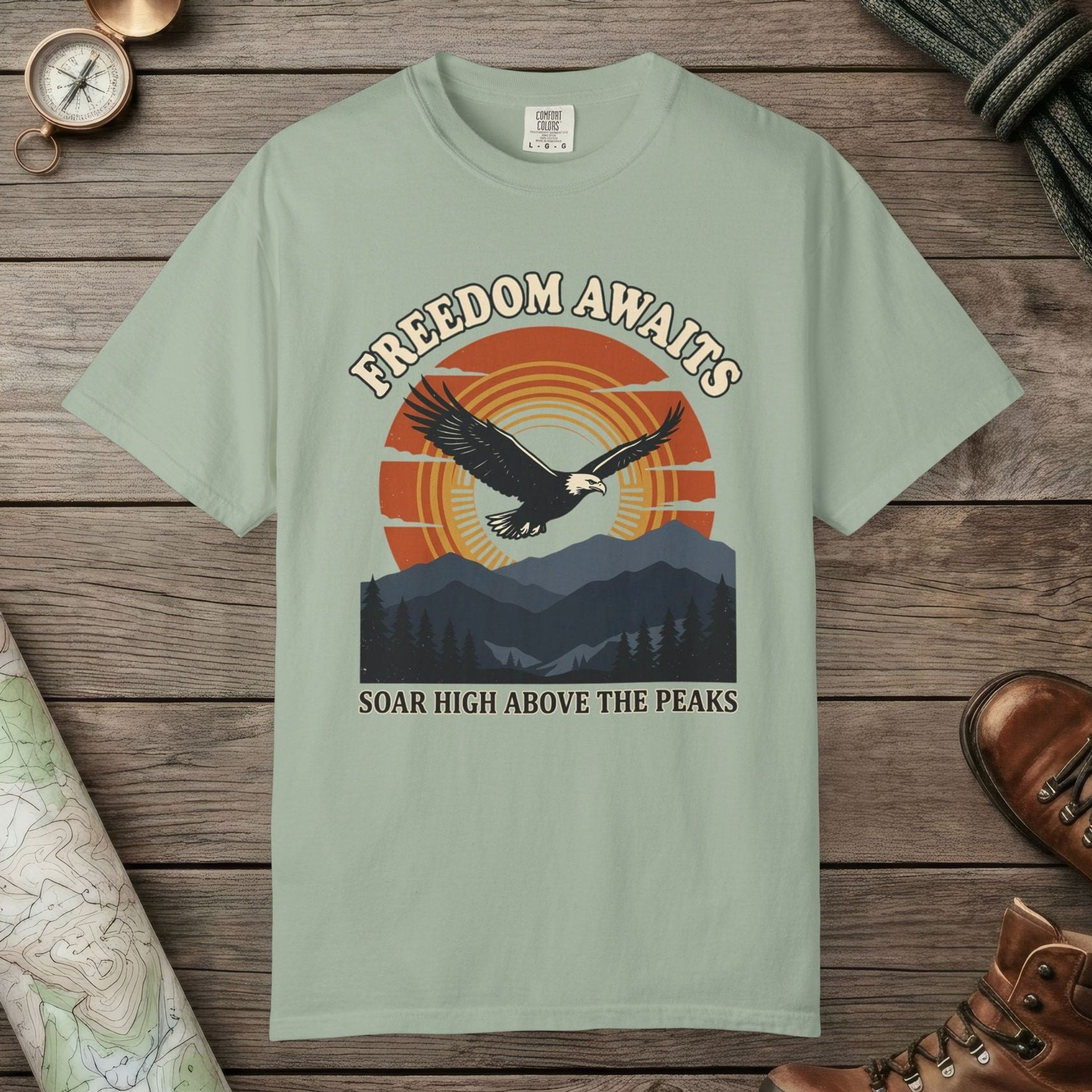 Bay color unisex graphic t-shirt with "Freedom Awaits" design
