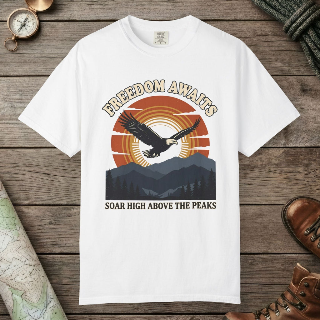 White color unisex graphic t-shirt with "Freedom Awaits" design