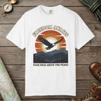 White color unisex graphic t-shirt with "Freedom Awaits" design