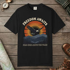 Black color unisex graphic t-shirt with "Freedom Awaits" design