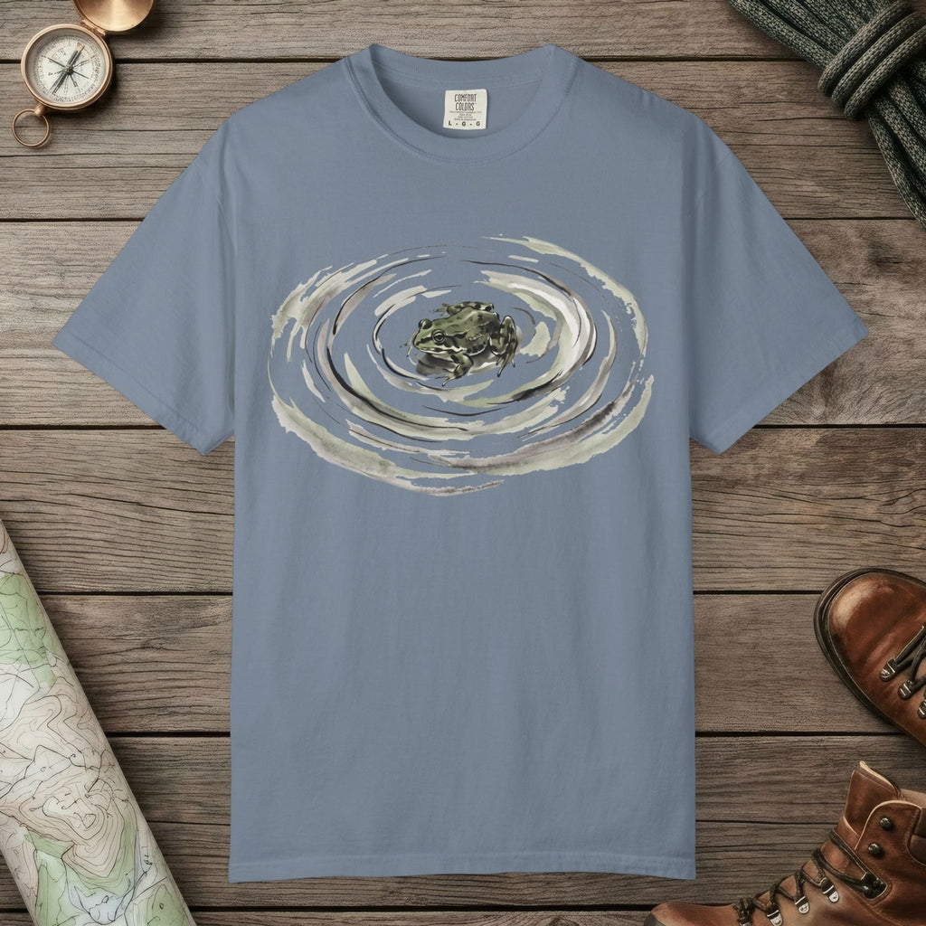 Blue Jean color unisex graphic t-shirt with "Frog Swimming" design