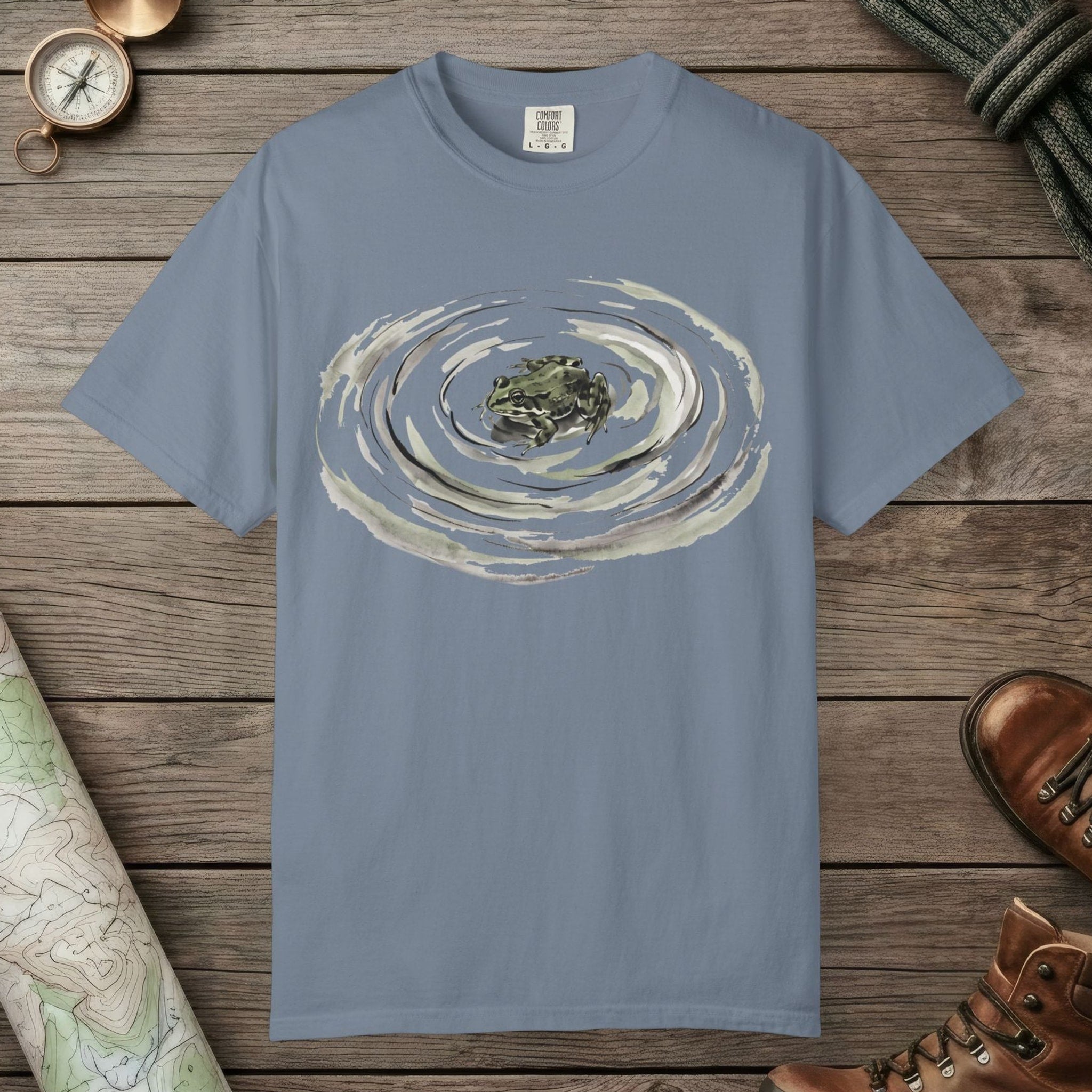 Blue Jean color unisex graphic t-shirt with "Frog Swimming" design