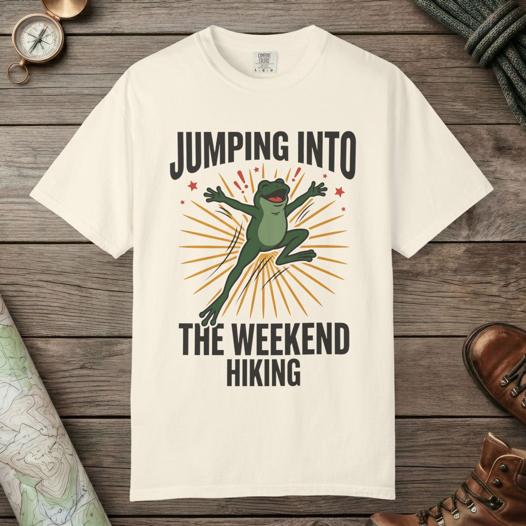 Ivory color unisex graphic t-shirt with "Frog Weekend Hiking" design