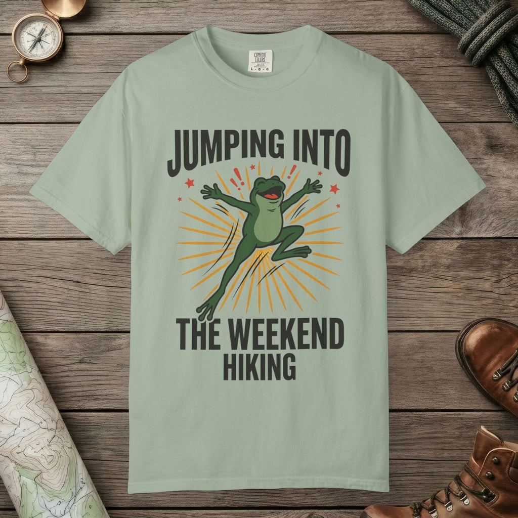 Bay color unisex graphic t-shirt with "Frog Weekend Hiking" design