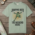 Bay color unisex graphic t-shirt with "Frog Weekend Hiking" design