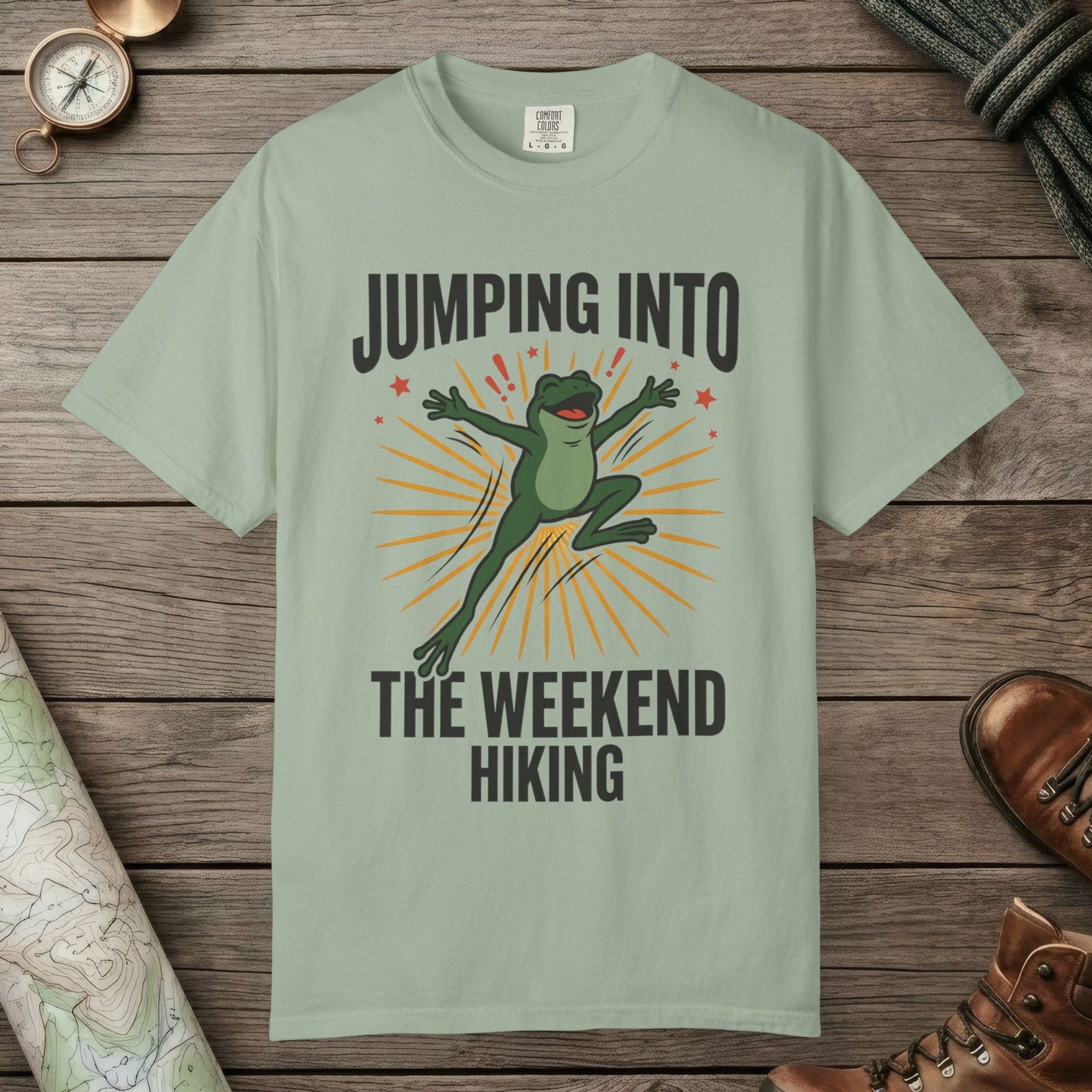 Bay color unisex graphic t-shirt with "Frog Weekend Hiking" design