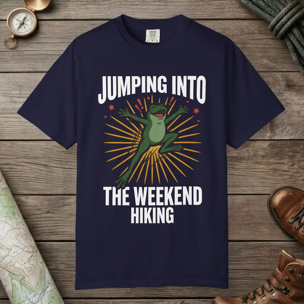 True Navy color unisex graphic t-shirt with "Frog Weekend Hiking" design