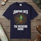 True Navy color unisex graphic t-shirt with "Frog Weekend Hiking" design