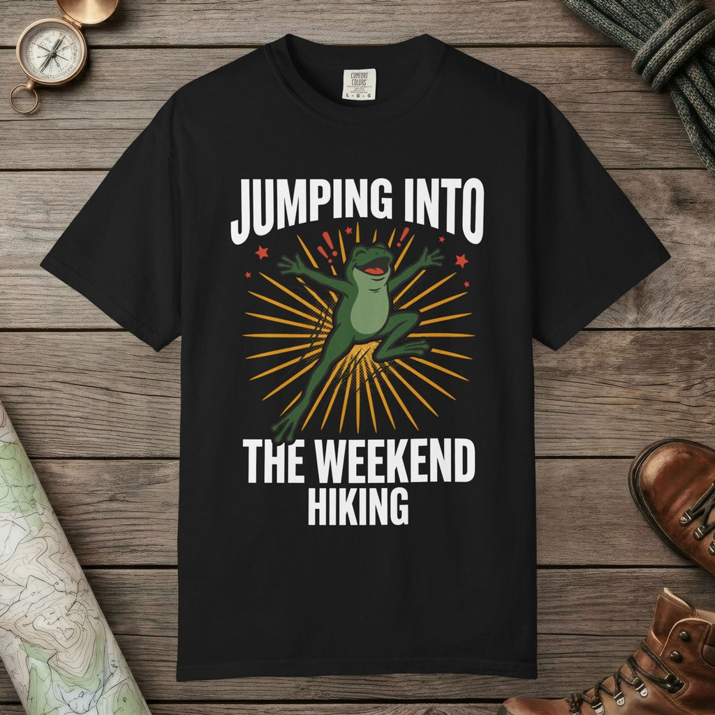 Black color unisex graphic t-shirt with "Frog Weekend Hiking" design