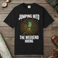 Black color unisex graphic t-shirt with "Frog Weekend Hiking" design