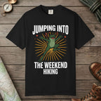 Black color unisex graphic t-shirt with "Frog Weekend Hiking" design