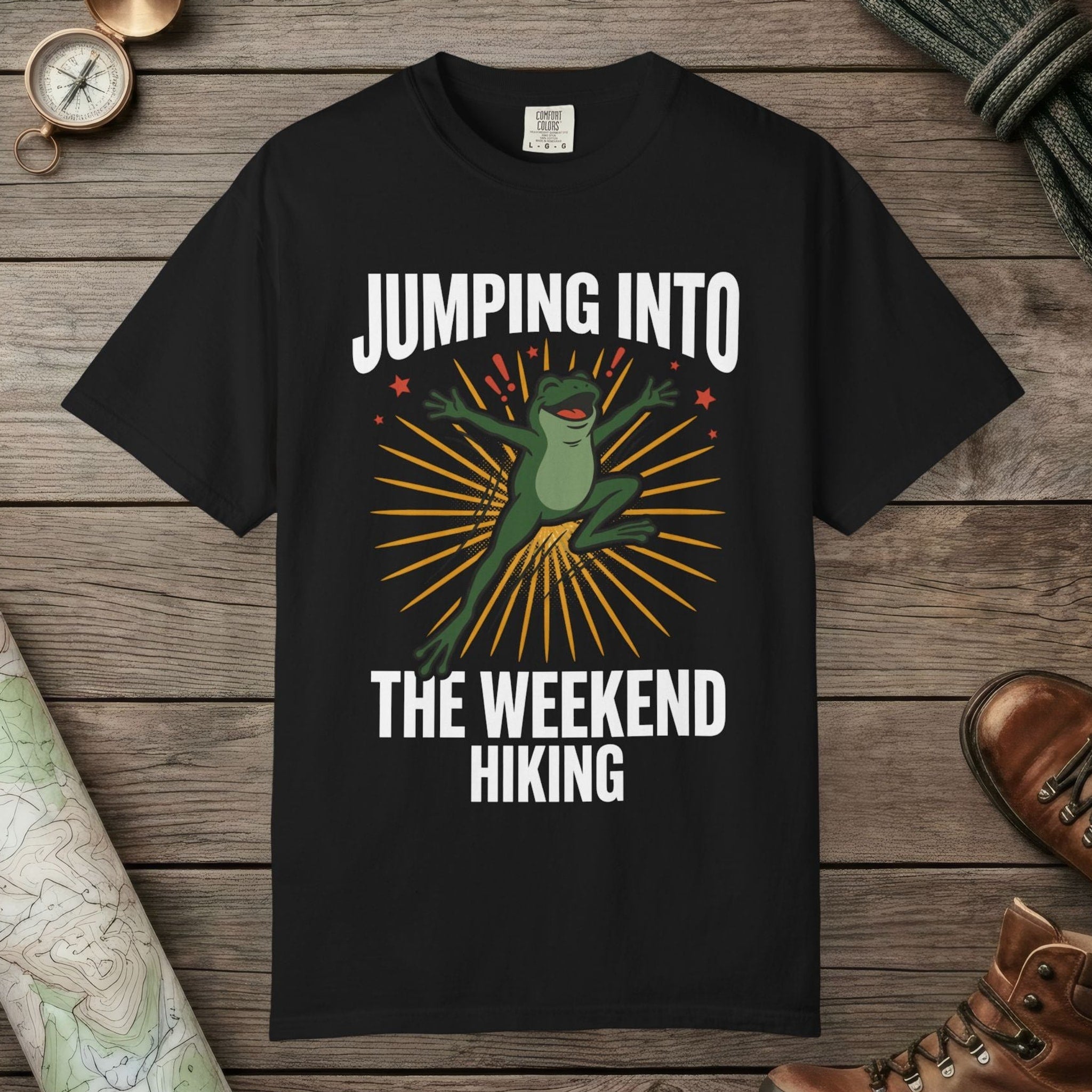 Black color unisex graphic t-shirt with "Frog Weekend Hiking" design