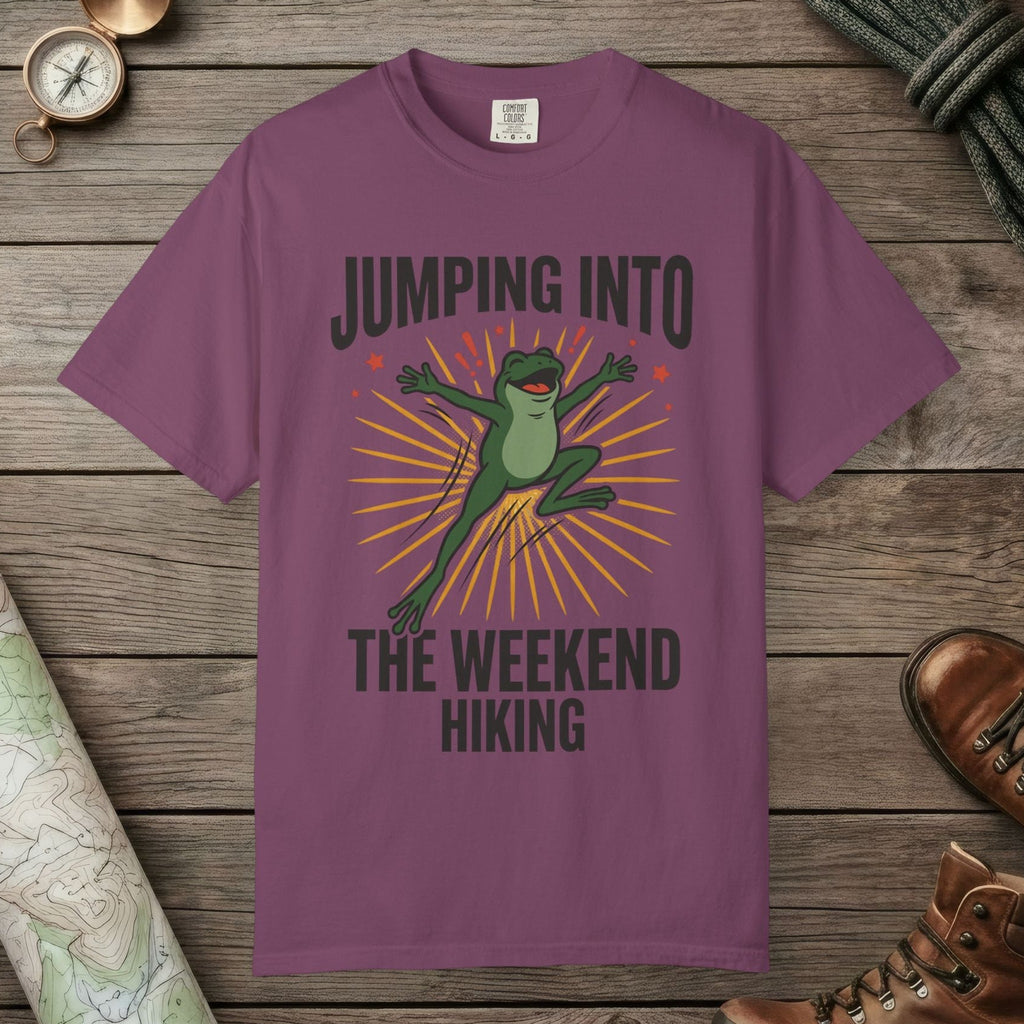 Berry color unisex graphic t-shirt with "Frog Weekend Hiking" design