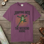 Berry color unisex graphic t-shirt with "Frog Weekend Hiking" design